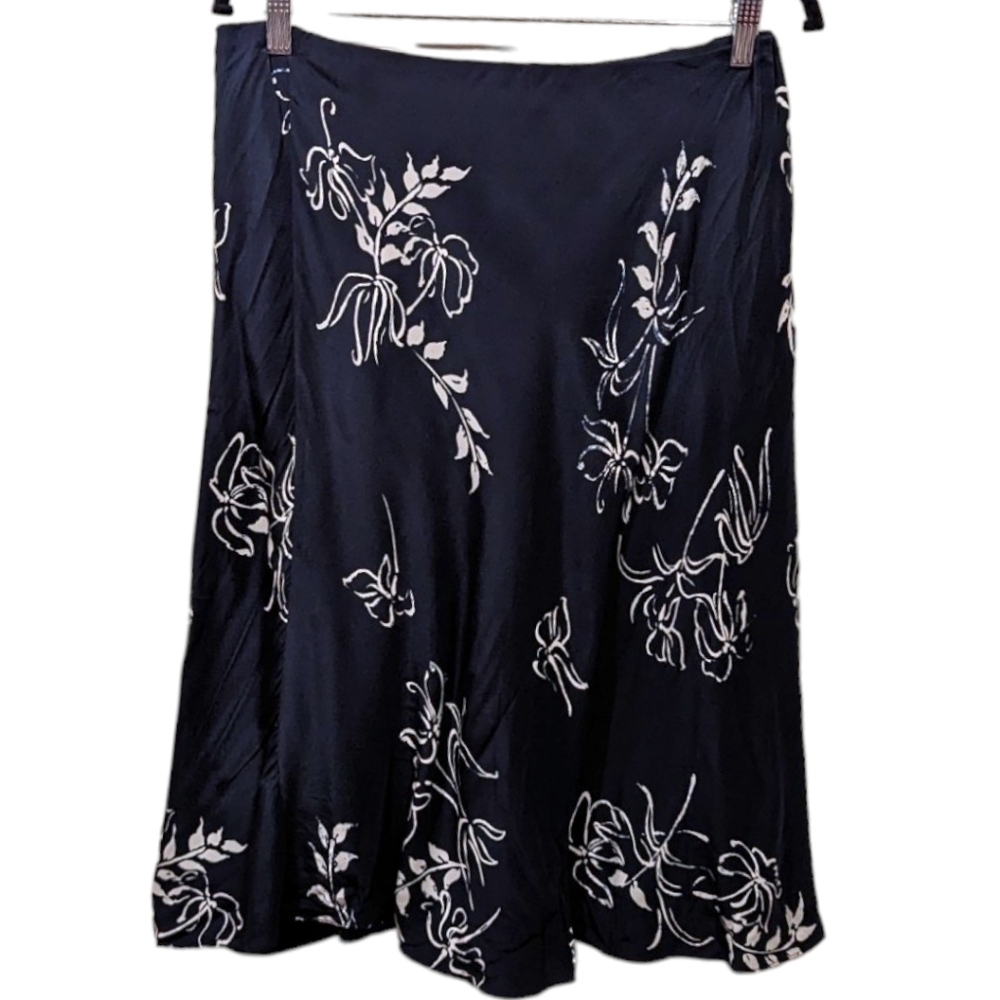 Lauren Ralph Lauren Navy Silk White Floral Print A Line Lightweight Skirt (M)